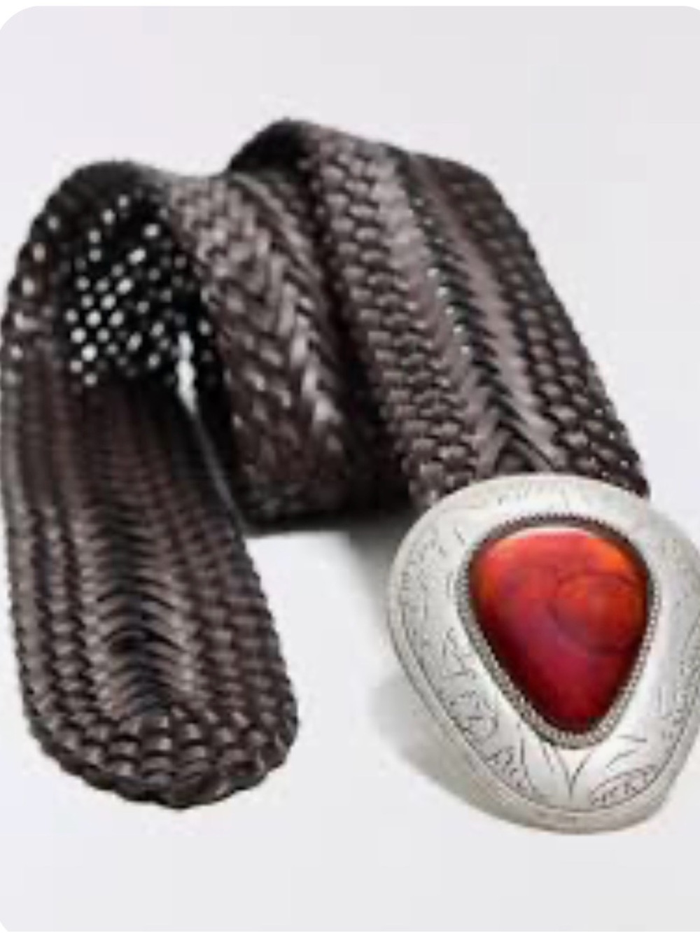 Bershka Brown Braided Leather Belt with Metal Buckle and Amber Stone Cowboy